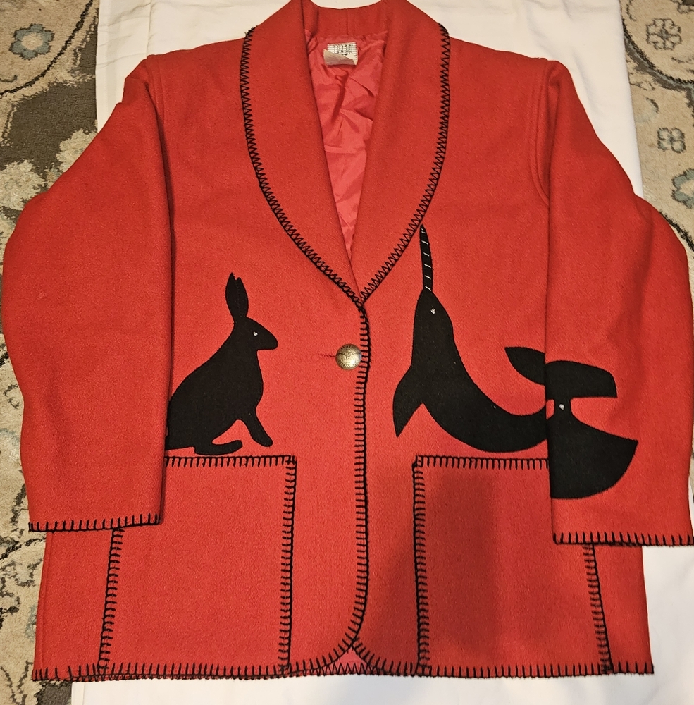 Vintage Ivalu Inuit Felted Wool Red Black Hand‎ Embroidered Jacket Large